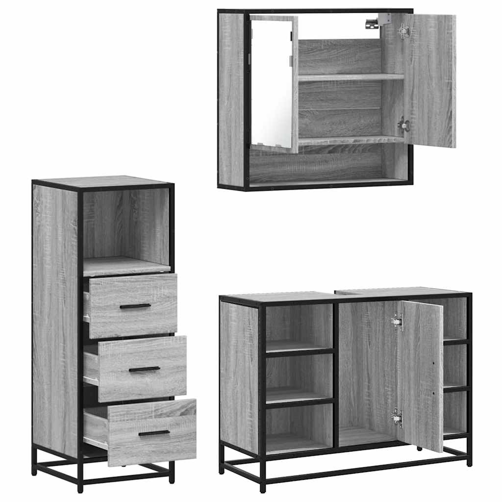 Set mobilier de baie, 3 piese, gri sonoma, lemn prelucrat