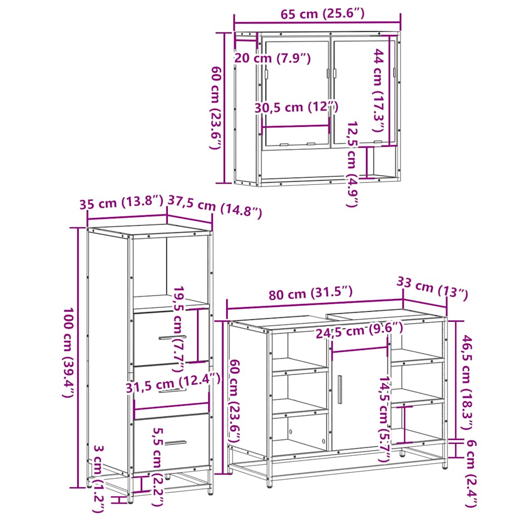 Set mobilier de baie, 3 piese, gri sonoma, lemn prelucrat