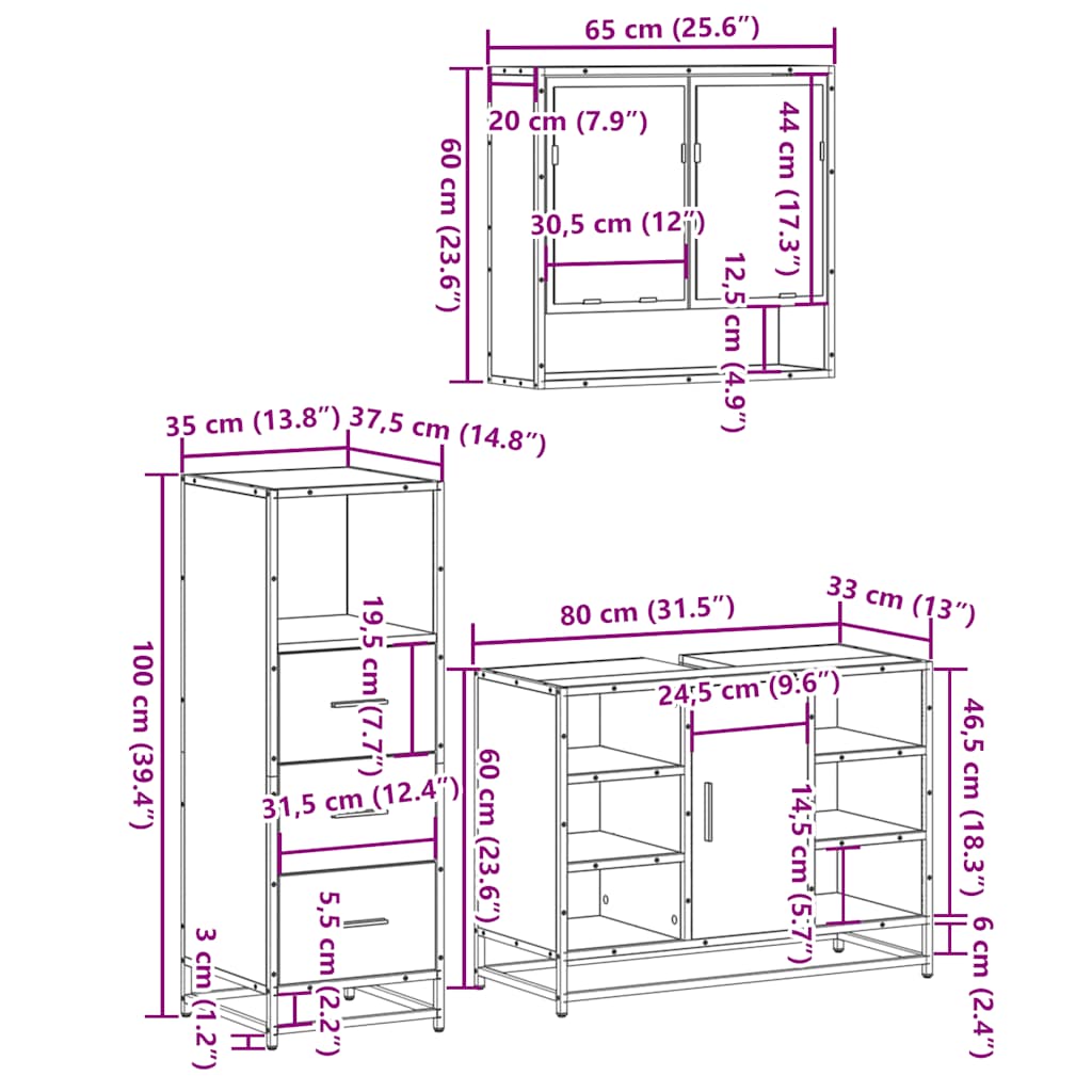 Set mobilier de baie, 3 piese, stejar maro, lemn prelucrat