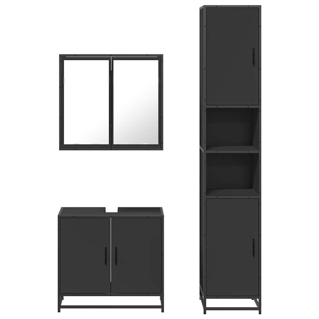 Set mobilier de baie, 3 piese, negru, lemn compozit