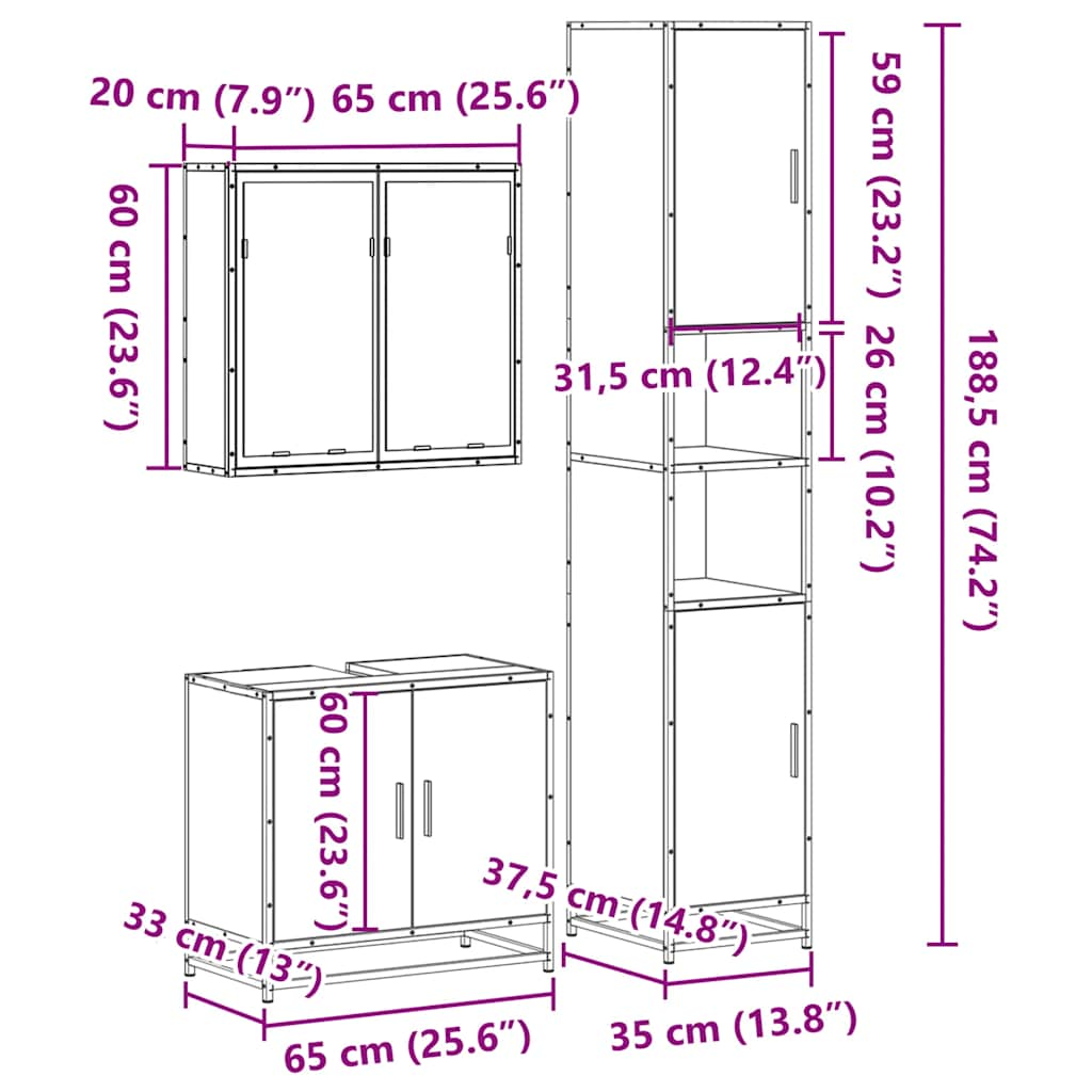 Set mobilier de baie, 3 piese, stejar sonoma, lemn prelucrat