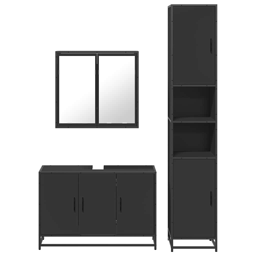 Set mobilier de baie, 3 piese, negru, lemn compozit