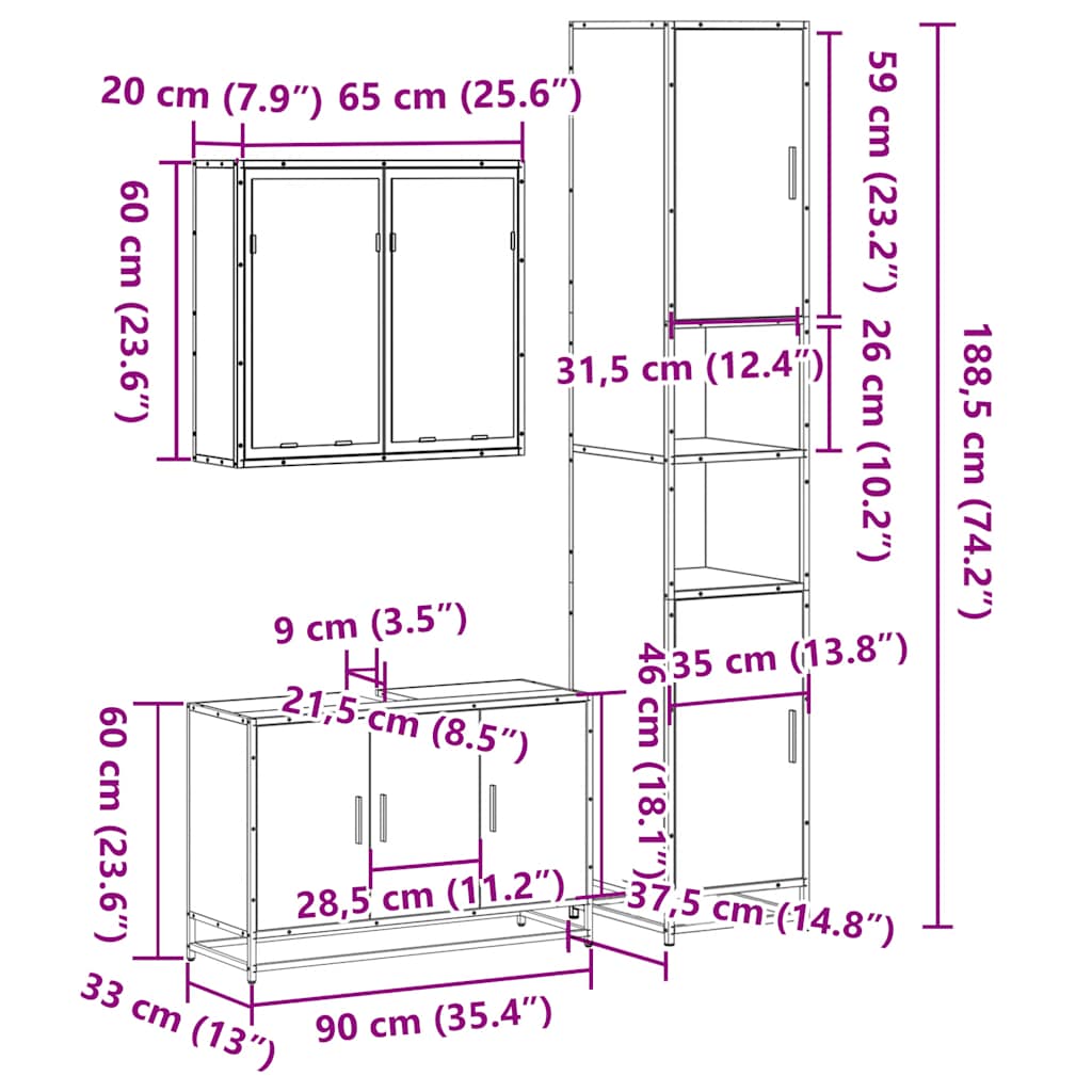 Set mobilier de baie, 3 piese, negru, lemn compozit