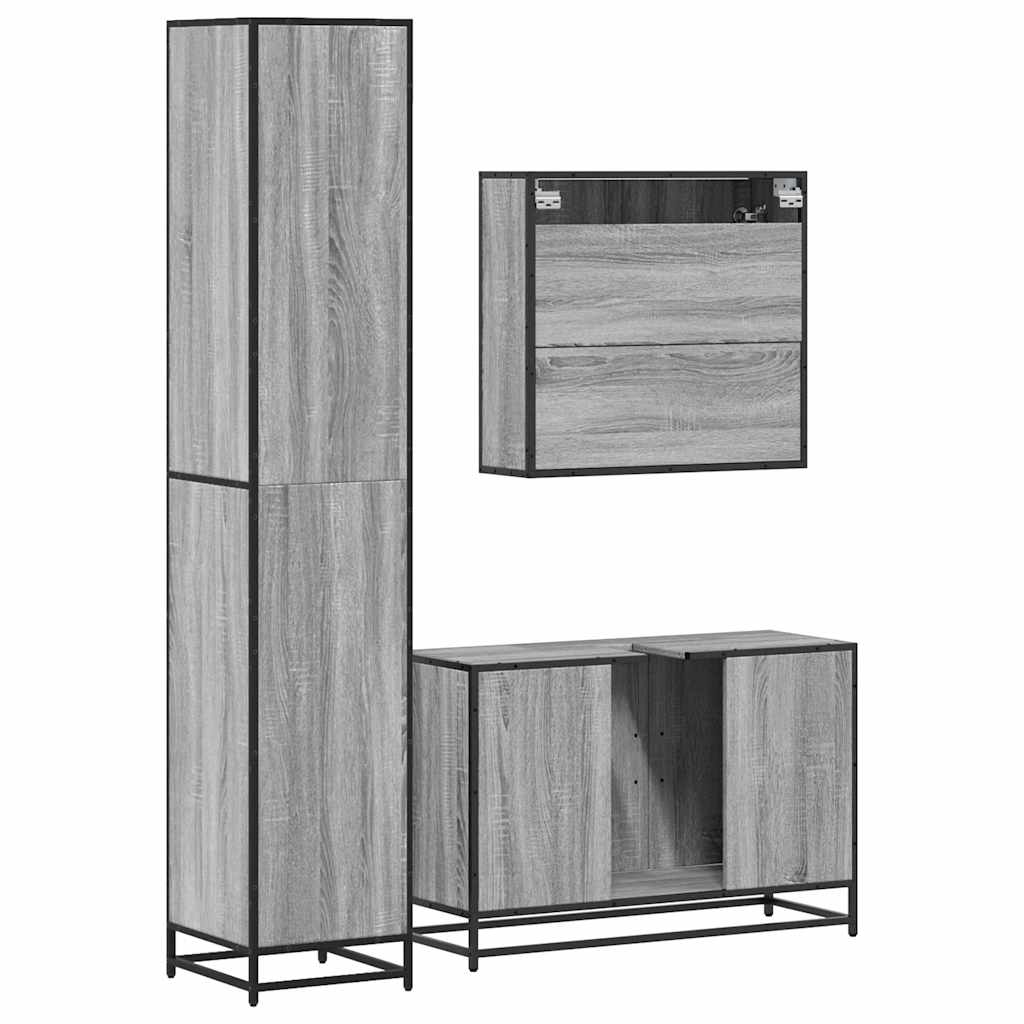 Set mobilier de baie, 3 piese, gri sonoma, lemn prelucrat