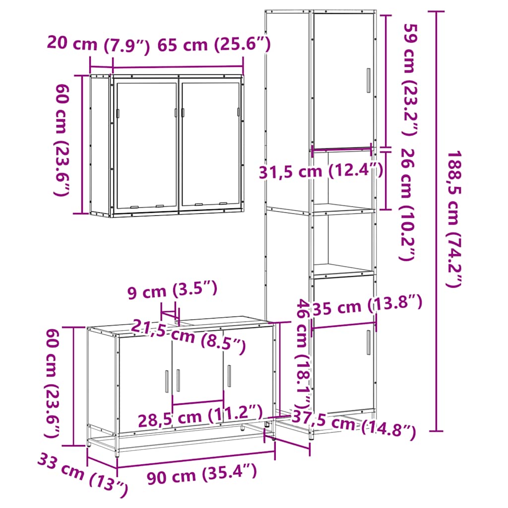 Set mobilier de baie, 3 piese, gri sonoma, lemn prelucrat