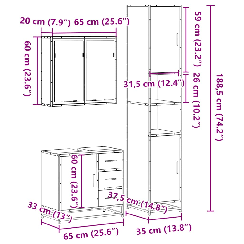 Set mobilier de baie, 3 piese, gri sonoma, lemn prelucrat