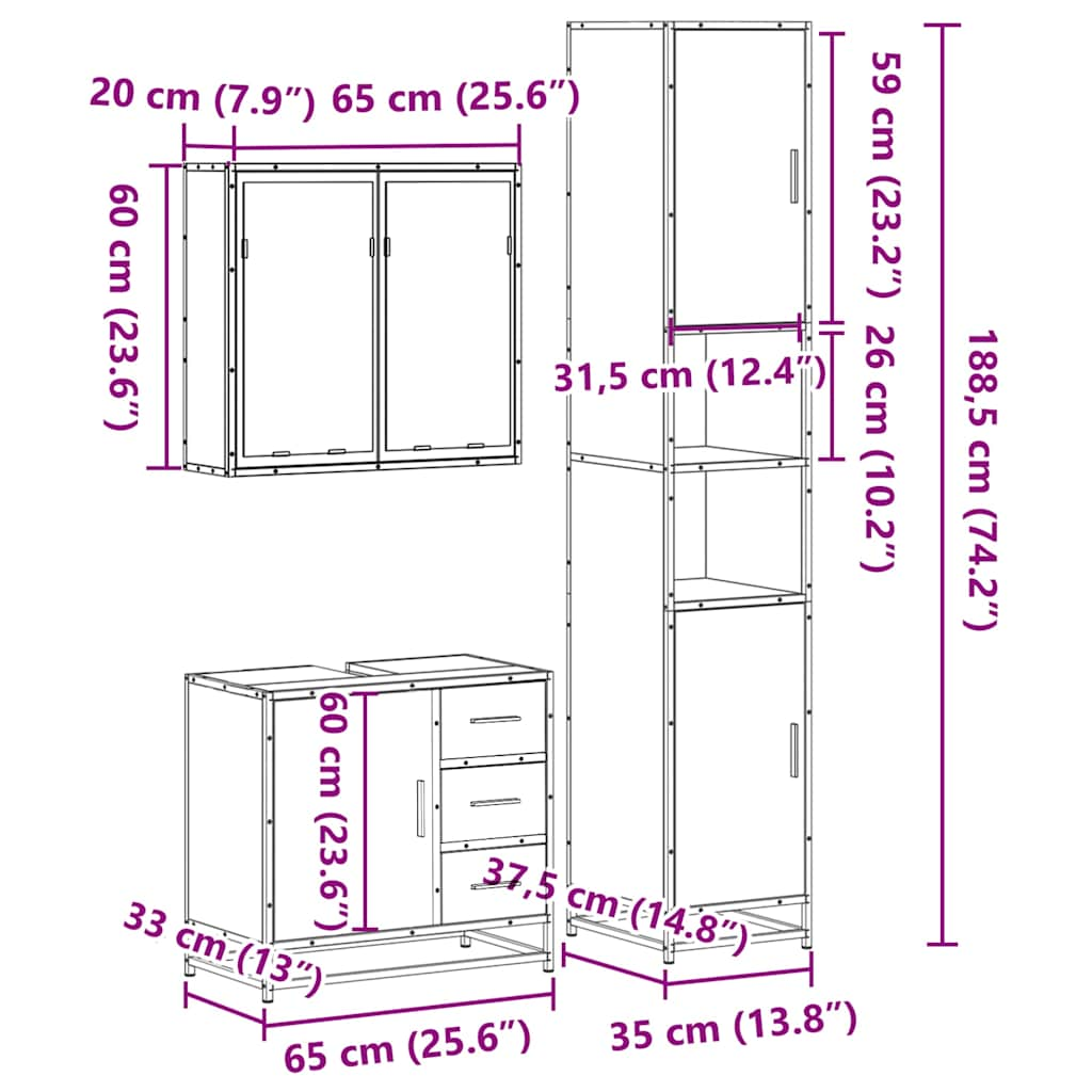 Set mobilier de baie, 3 piese, stejar maro, lemn prelucrat