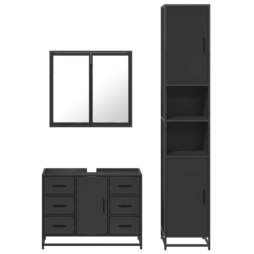 Set mobilier de baie, 3 piese, negru, lemn compozit