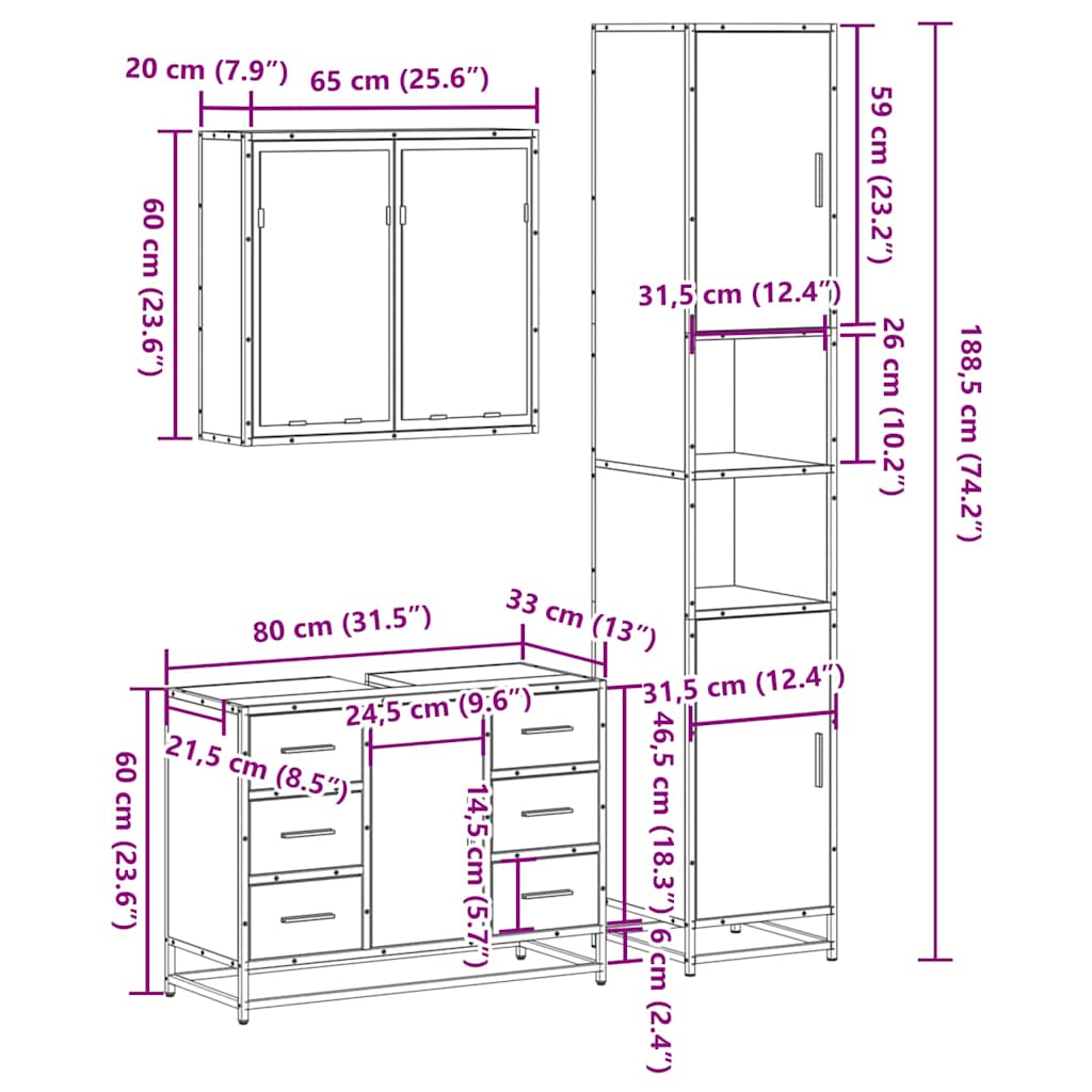 Set mobilier de baie, 3 piese, negru, lemn compozit