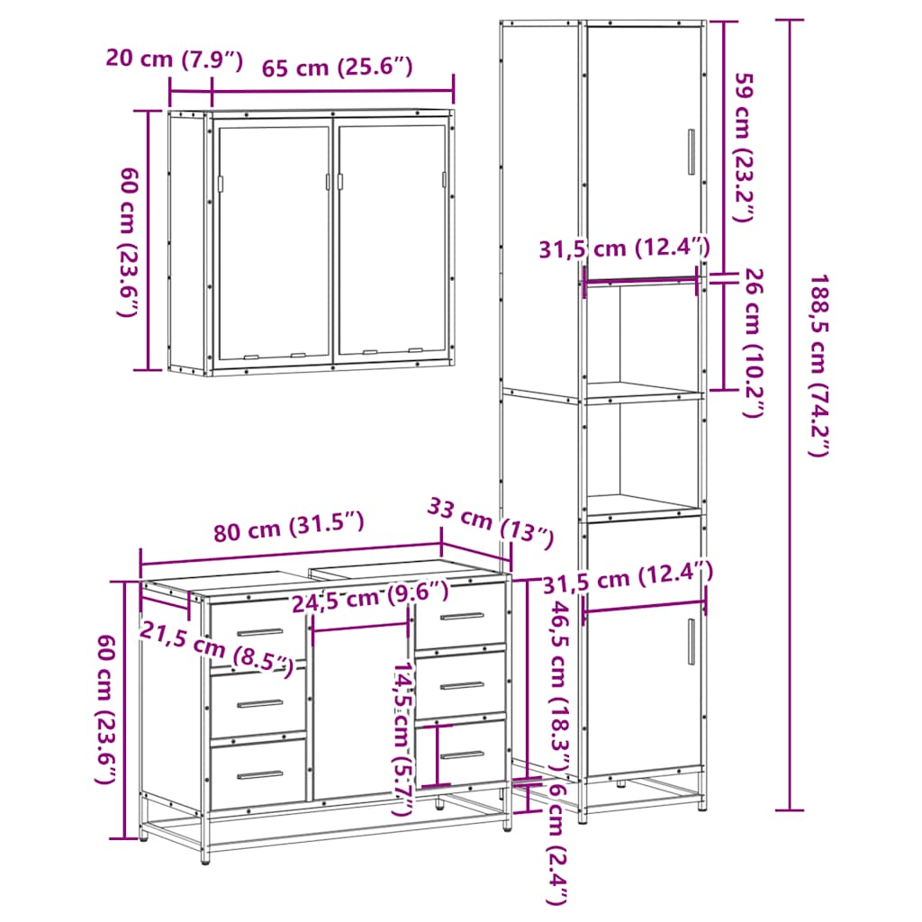 Set mobilier de baie, 3 piese, stejar sonoma, lemn prelucrat