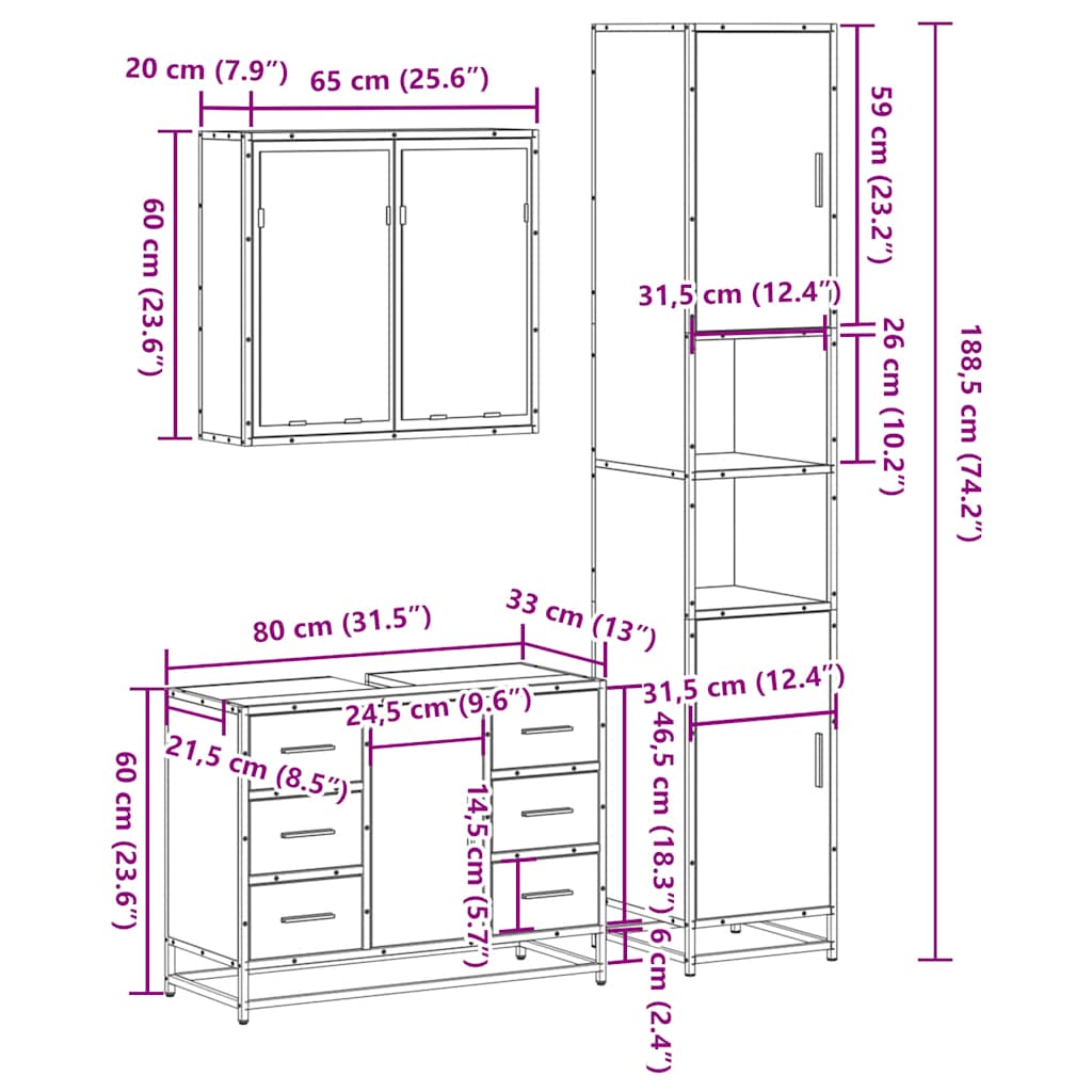 Set mobilier de baie, 3 piese, stejar fumuriu, lemn prelucrat