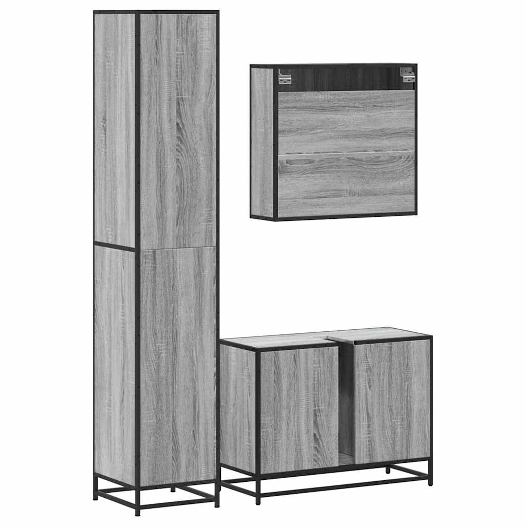 Set mobilier de baie, 3 piese, gri sonoma, lemn prelucrat