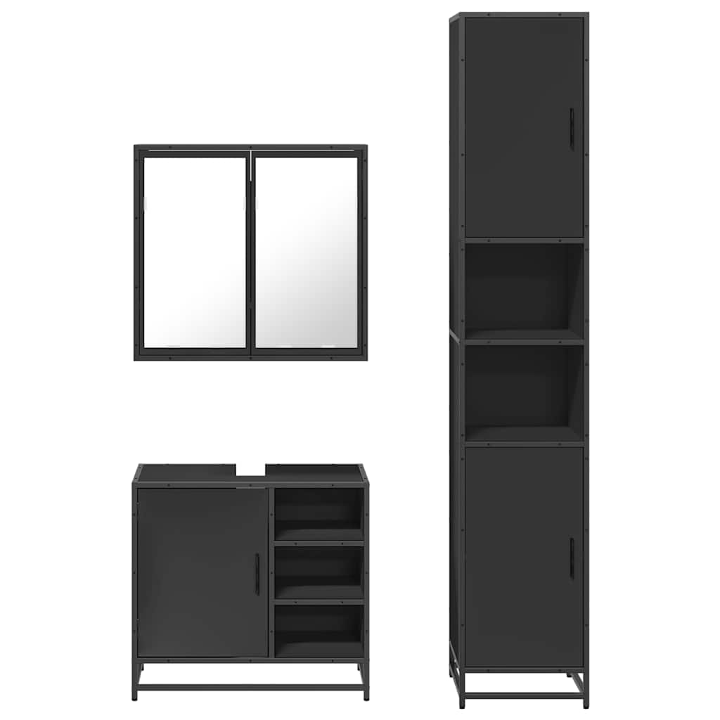 Set mobilier de baie, 3 piese, negru, lemn compozit