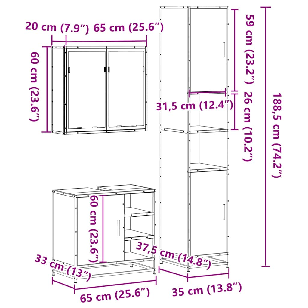 Set mobilier de baie, 3 piese, negru, lemn compozit