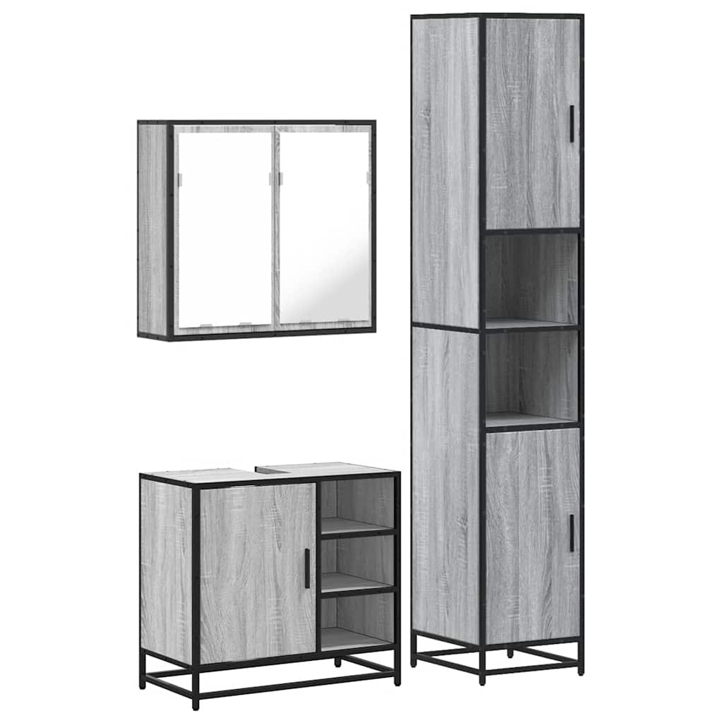 Set mobilier de baie, 3 piese, gri sonoma, lemn prelucrat