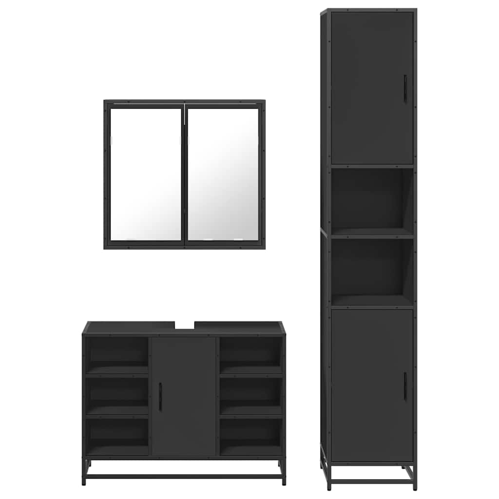 Set mobilier de baie, 3 piese, negru, lemn compozit