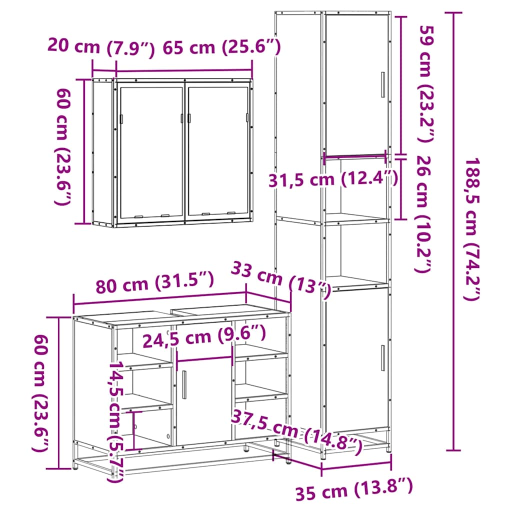 Set mobilier de baie, 3 piese, negru, lemn compozit