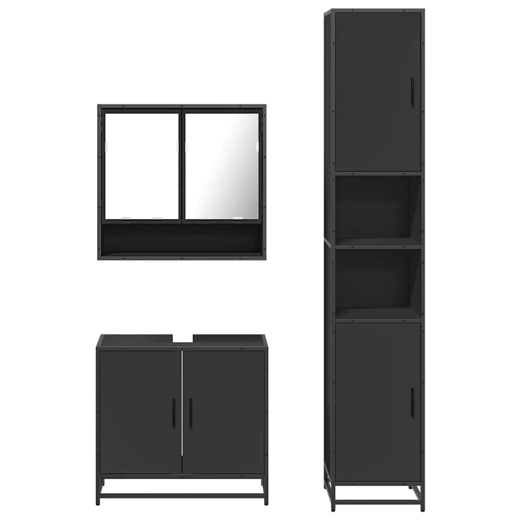 Set mobilier de baie, 3 piese, negru, lemn compozit