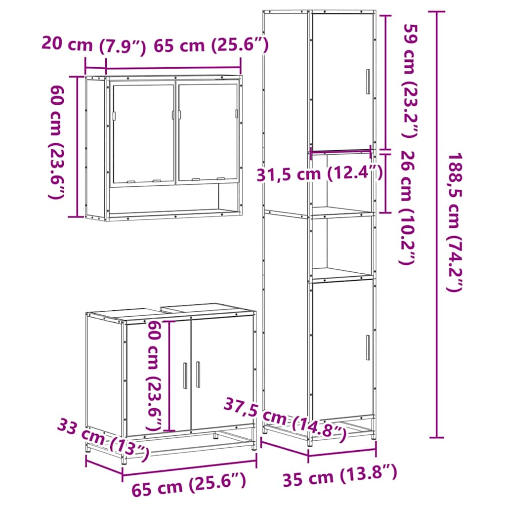 Set mobilier de baie, 3 piese, stejar sonoma, lemn prelucrat