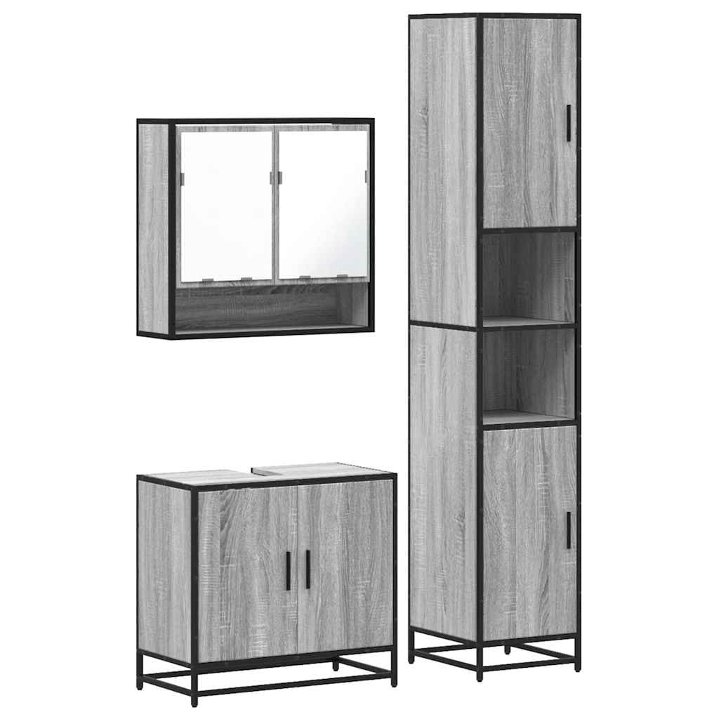 Set mobilier de baie, 3 piese, gri sonoma, lemn prelucrat