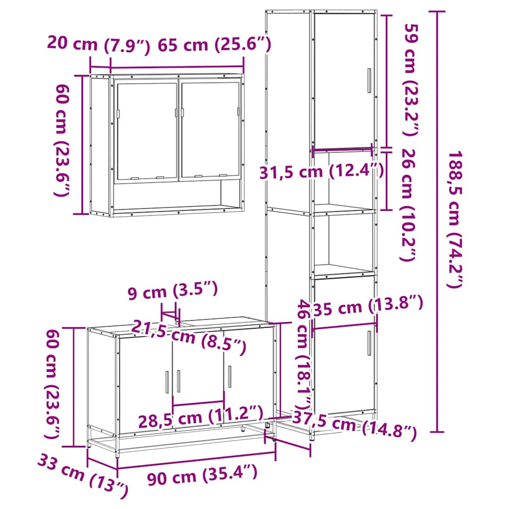 Set mobilier de baie, 3 piese, negru, lemn compozit