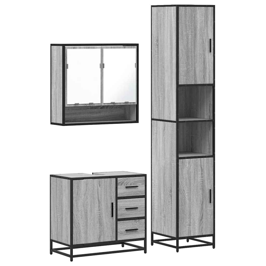 Set mobilier de baie, 3 piese, gri sonoma, lemn prelucrat