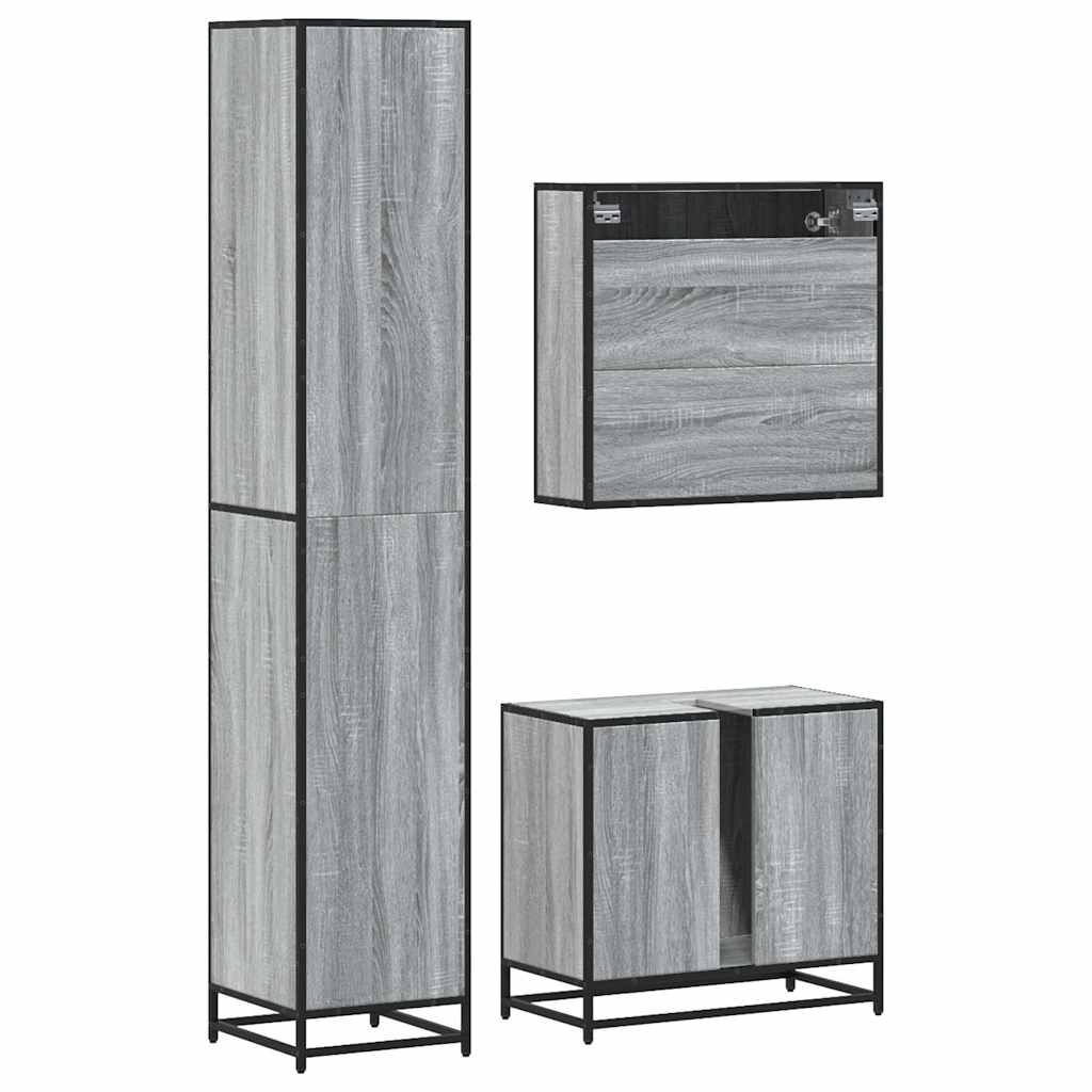 Set mobilier de baie, 3 piese, gri sonoma, lemn prelucrat