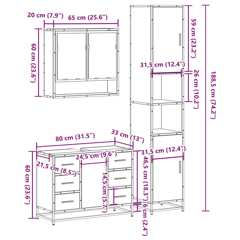 Set mobilier de baie, 3 piese, negru, lemn compozit