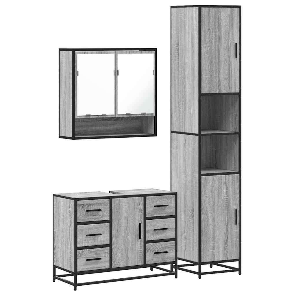 Set mobilier de baie, 3 piese, gri sonoma, lemn prelucrat