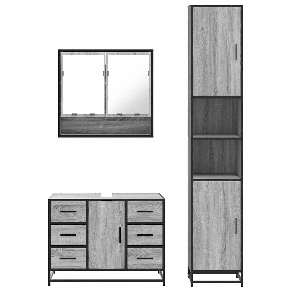 Set mobilier de baie, 3 piese, gri sonoma, lemn prelucrat