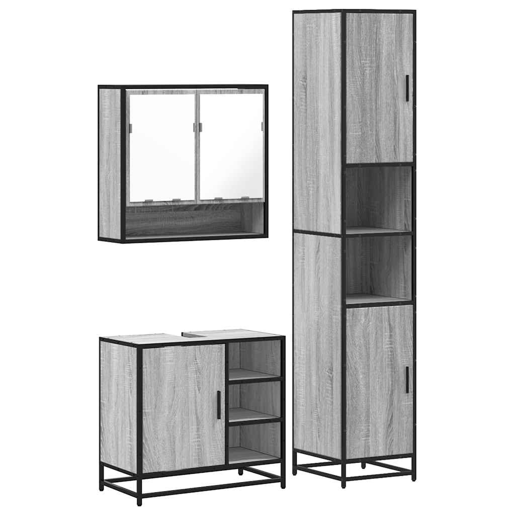 Set mobilier de baie, 3 piese, gri sonoma, lemn prelucrat