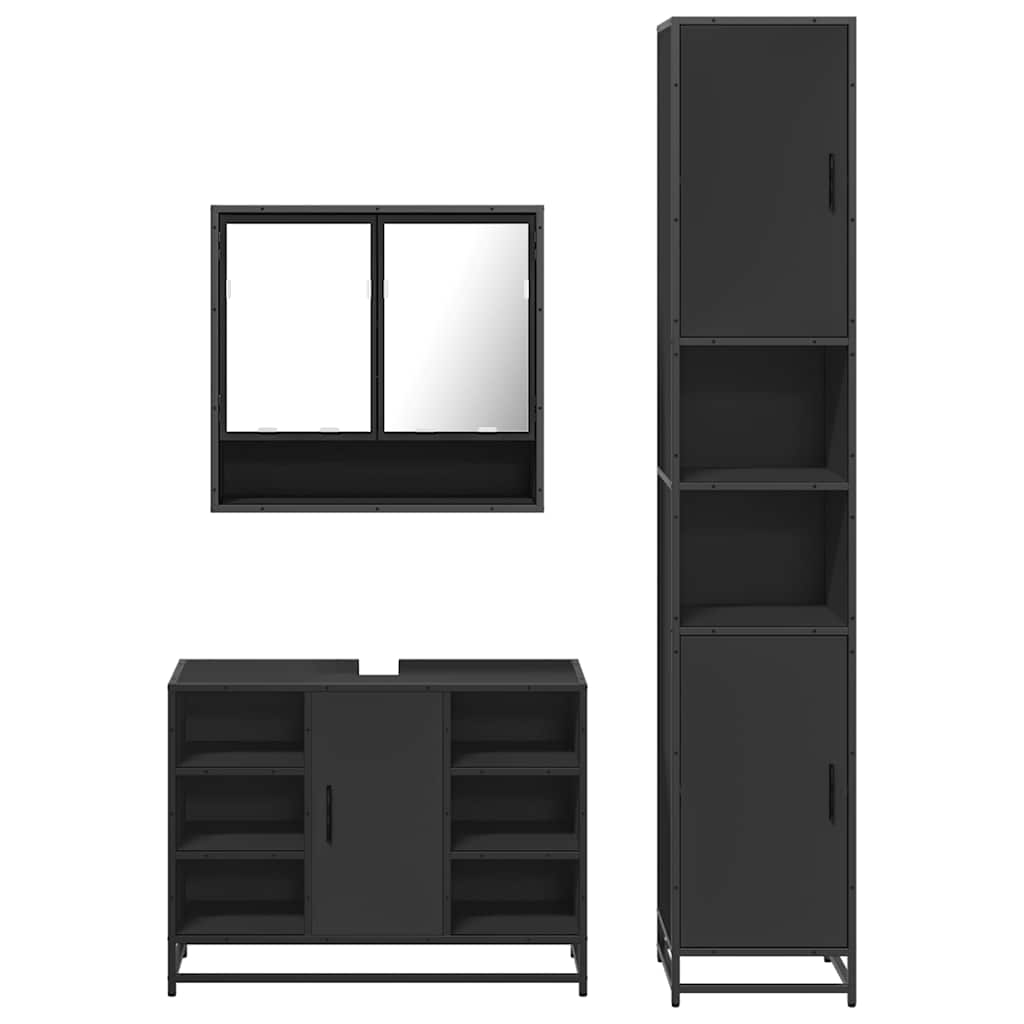 Set mobilier de baie, 3 piese, negru, lemn compozit