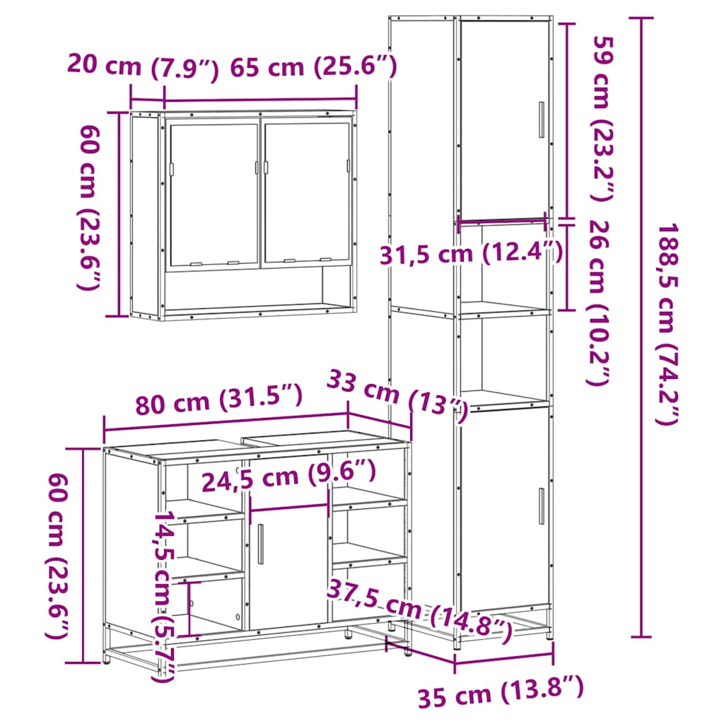 Set mobilier de baie, 3 piese, stejar sonoma, lemn prelucrat