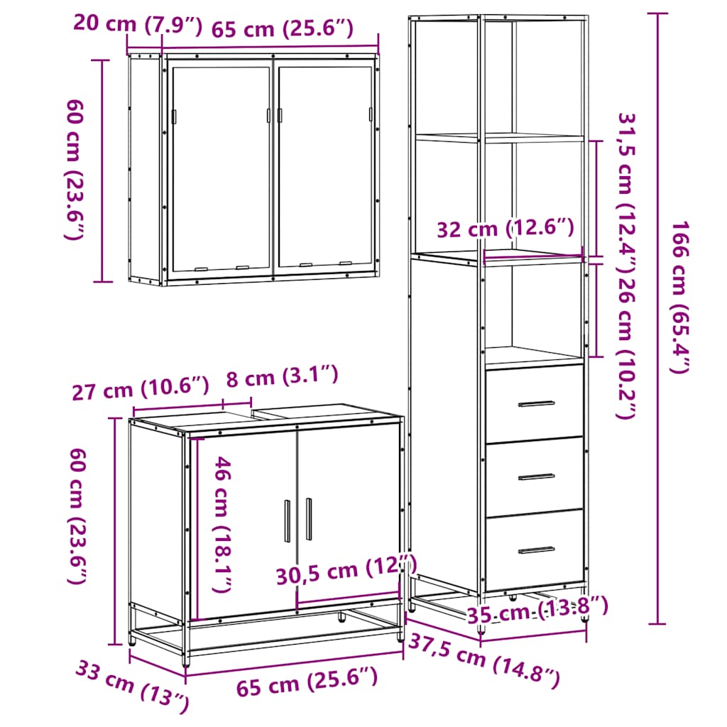 Set mobilier de baie, 3 piese, stejar sonoma, lemn prelucrat