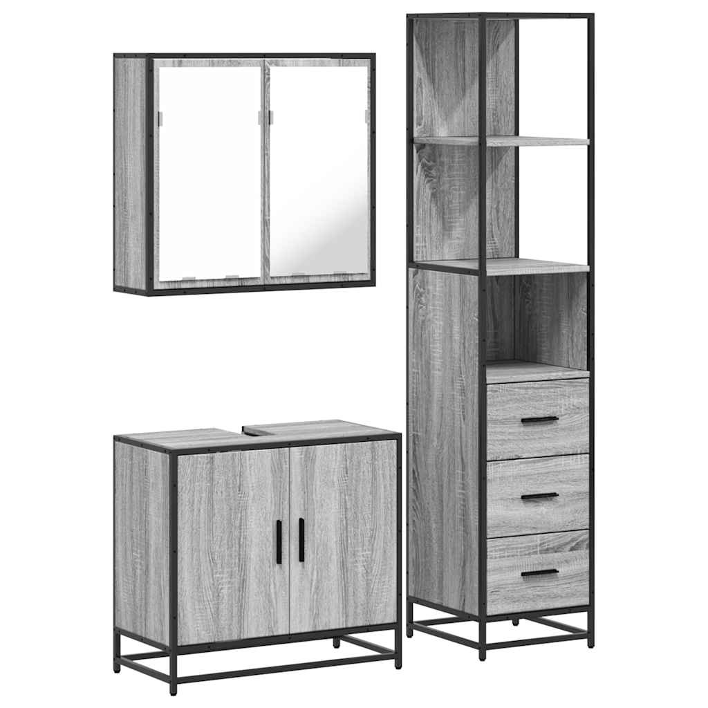 Set mobilier de baie, 3 piese, gri sonoma, lemn prelucrat