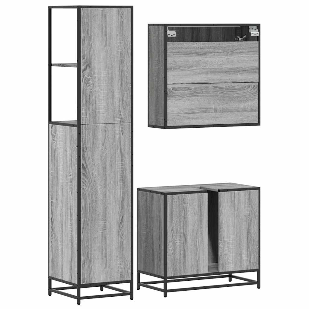 Set mobilier de baie, 3 piese, gri sonoma, lemn prelucrat