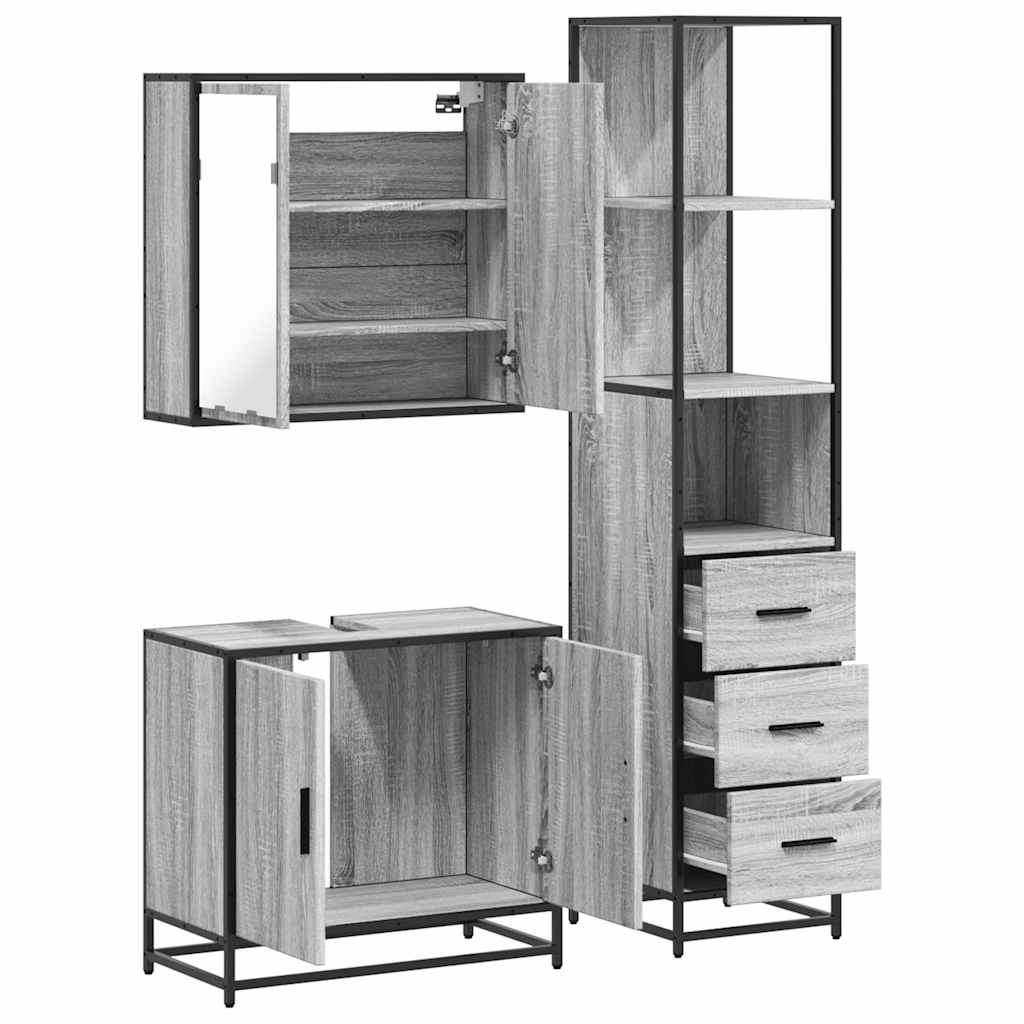 Set mobilier de baie, 3 piese, gri sonoma, lemn prelucrat