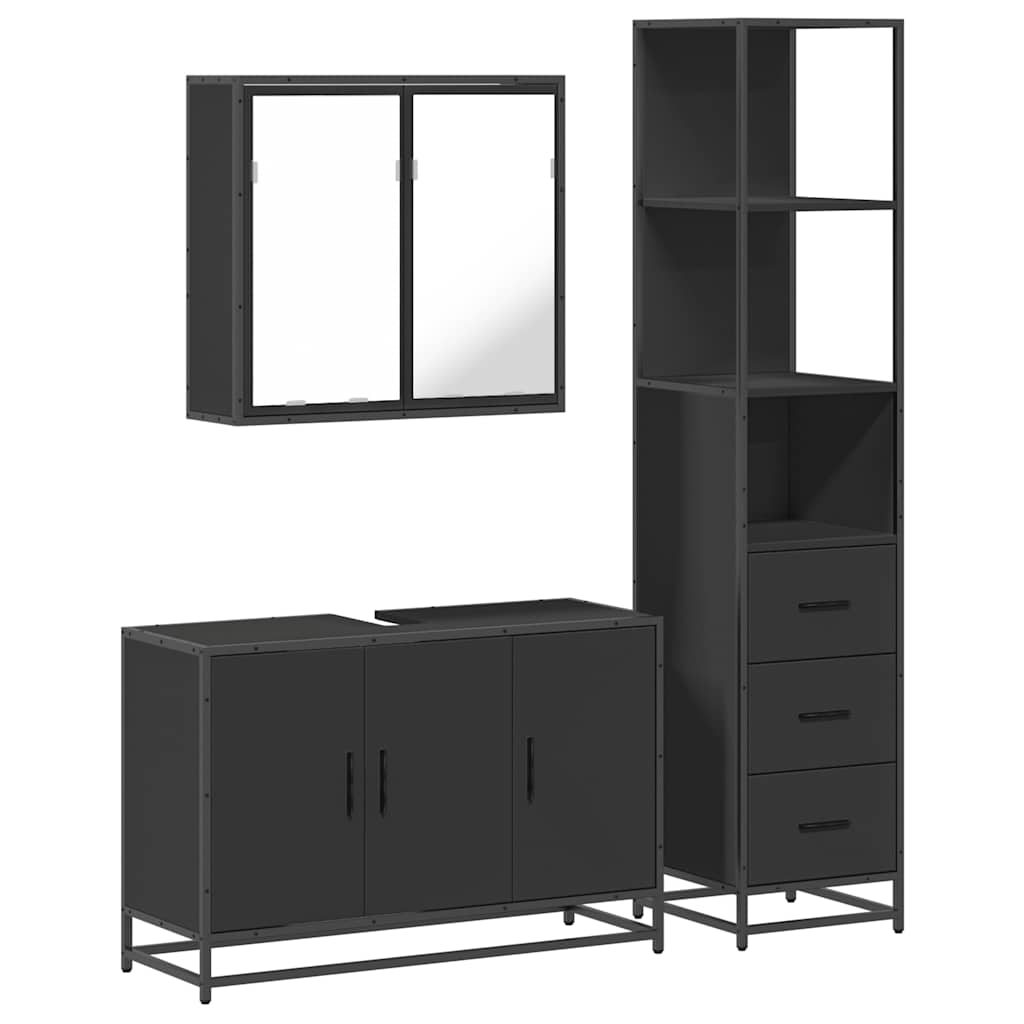 Set mobilier de baie, 3 piese, negru, lemn compozit