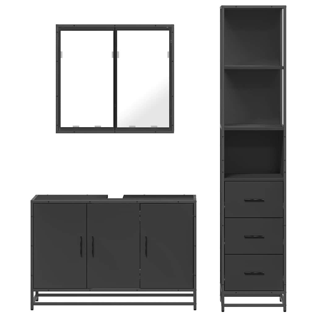 Set mobilier de baie, 3 piese, negru, lemn compozit