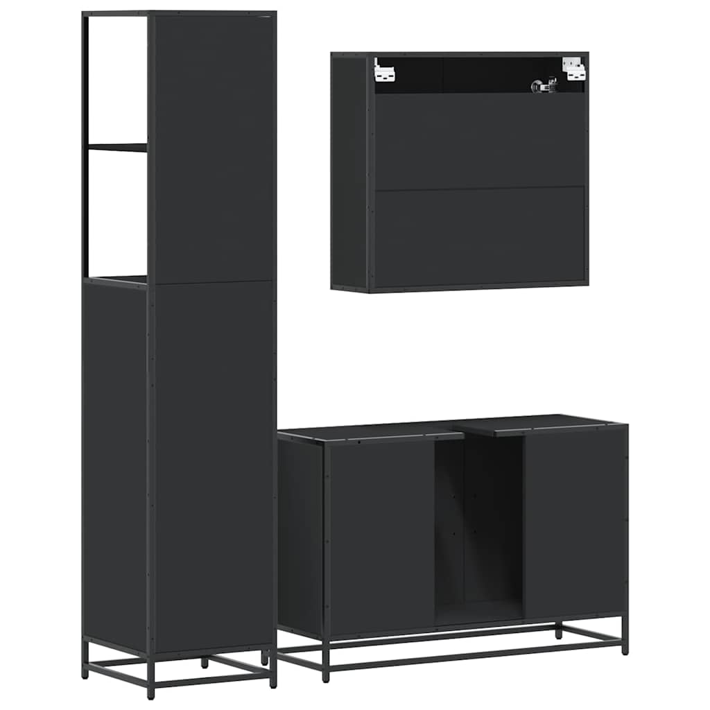 Set mobilier de baie, 3 piese, negru, lemn compozit