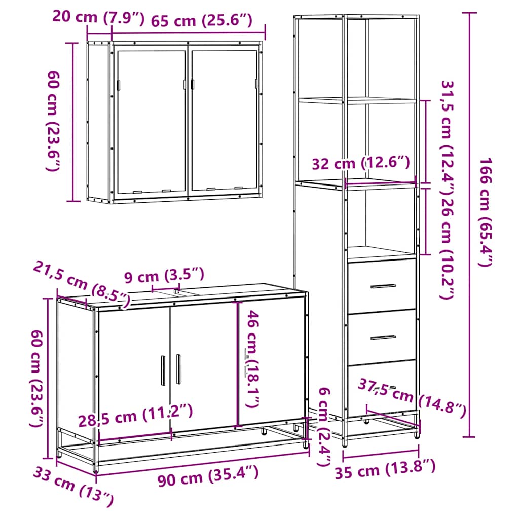 Set mobilier de baie, 3 piese, negru, lemn compozit