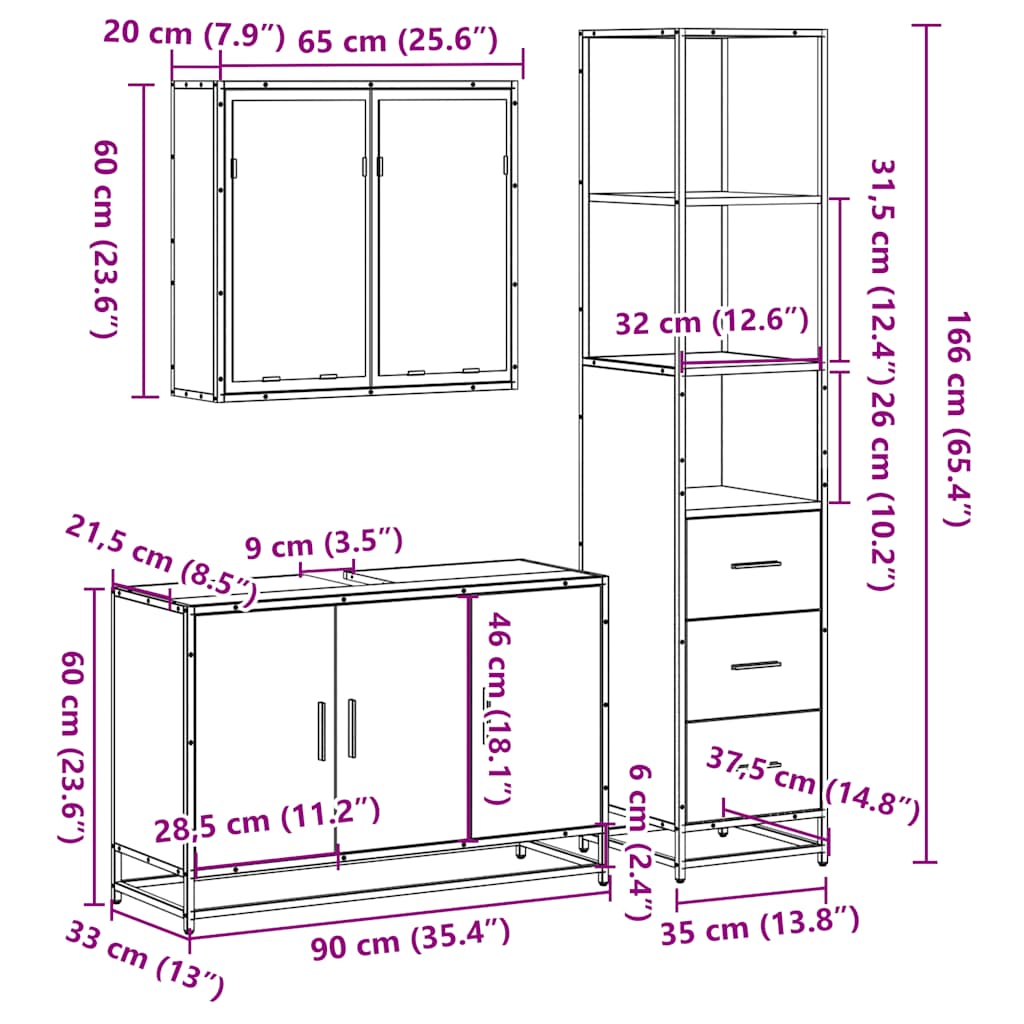 Set mobilier de baie, 3 piese, stejar fumuriu, lemn prelucrat