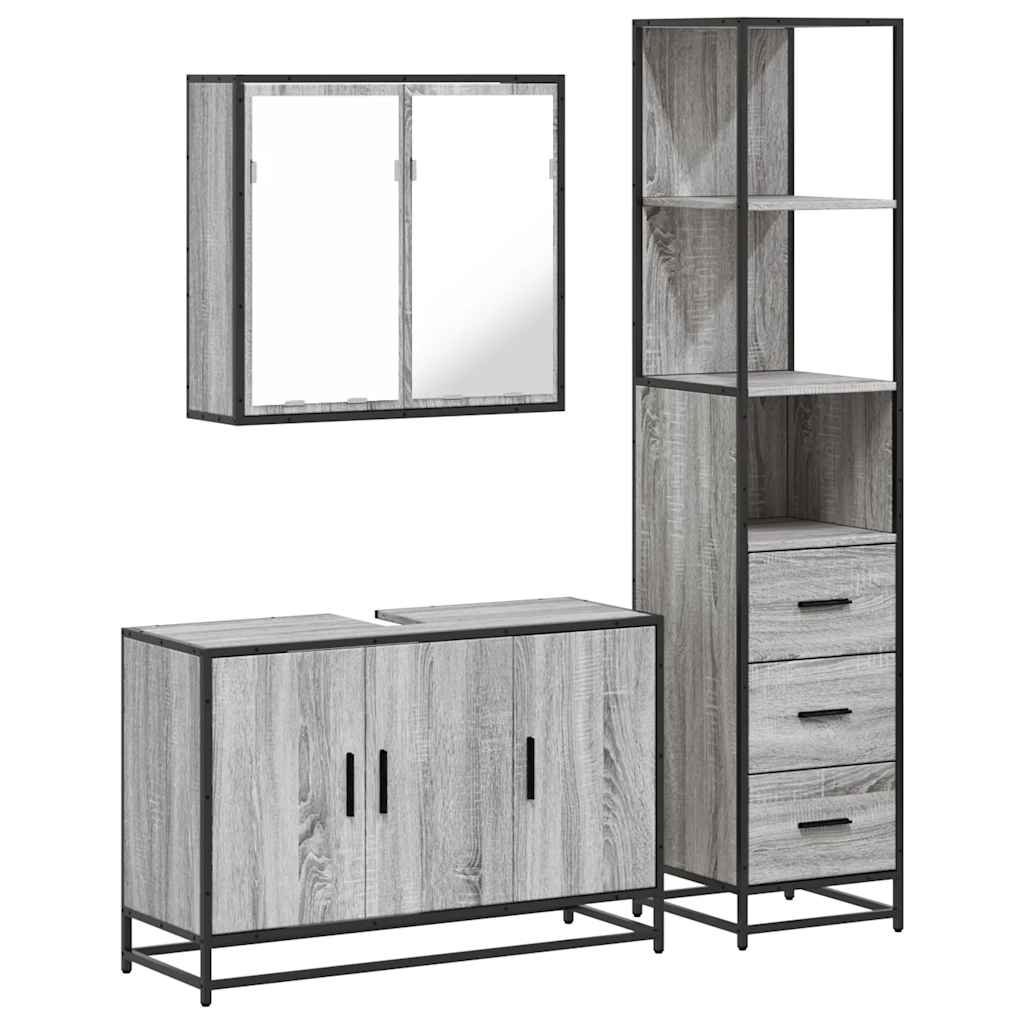 Set mobilier de baie, 3 piese, gri sonoma, lemn prelucrat