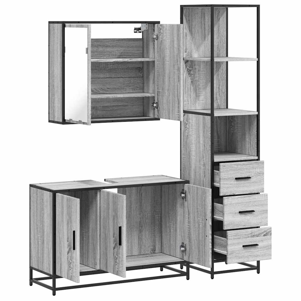 Set mobilier de baie, 3 piese, gri sonoma, lemn prelucrat