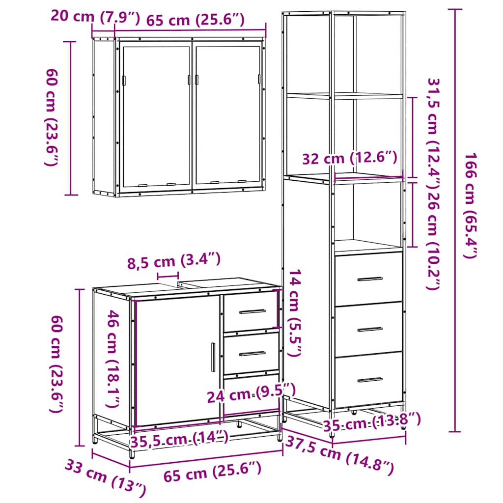 Set mobilier de baie, 3 piese, negru, lemn compozit