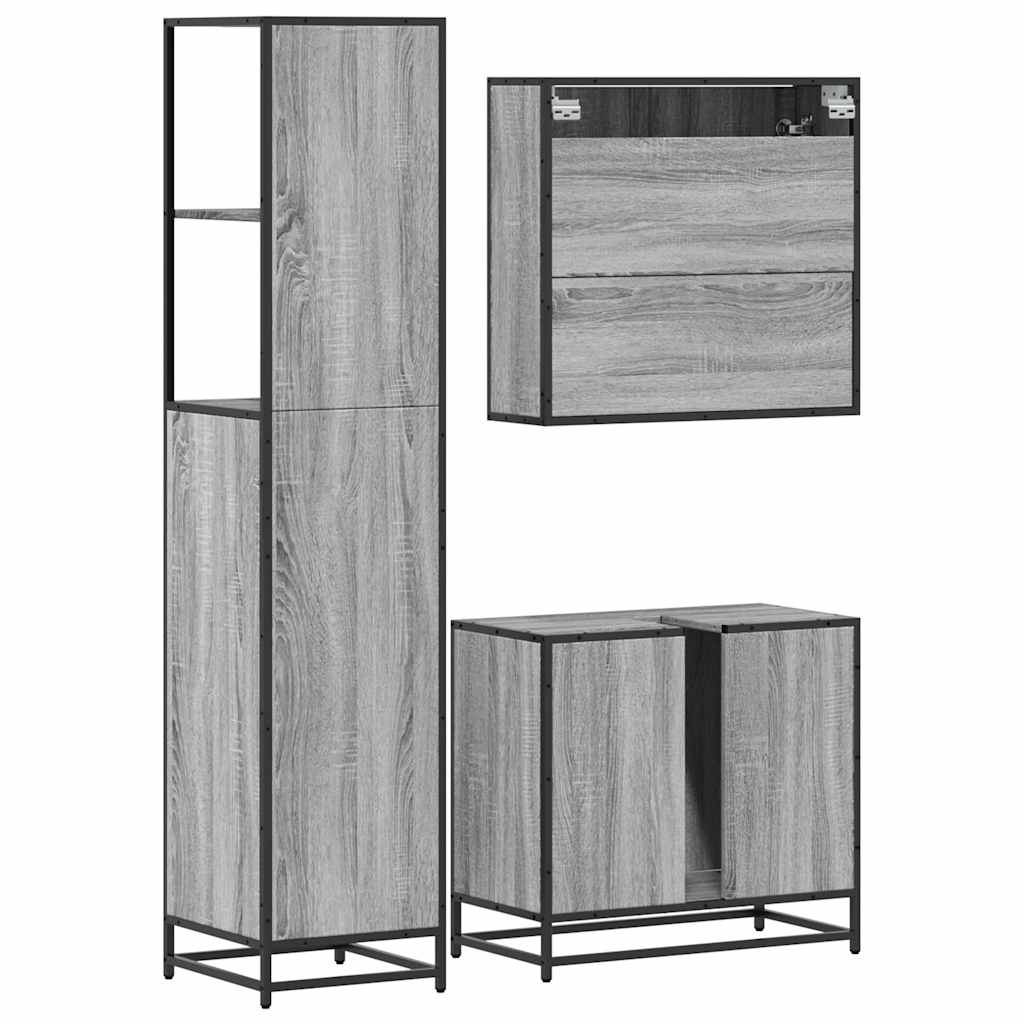 Set mobilier de baie, 3 piese, gri sonoma, lemn prelucrat