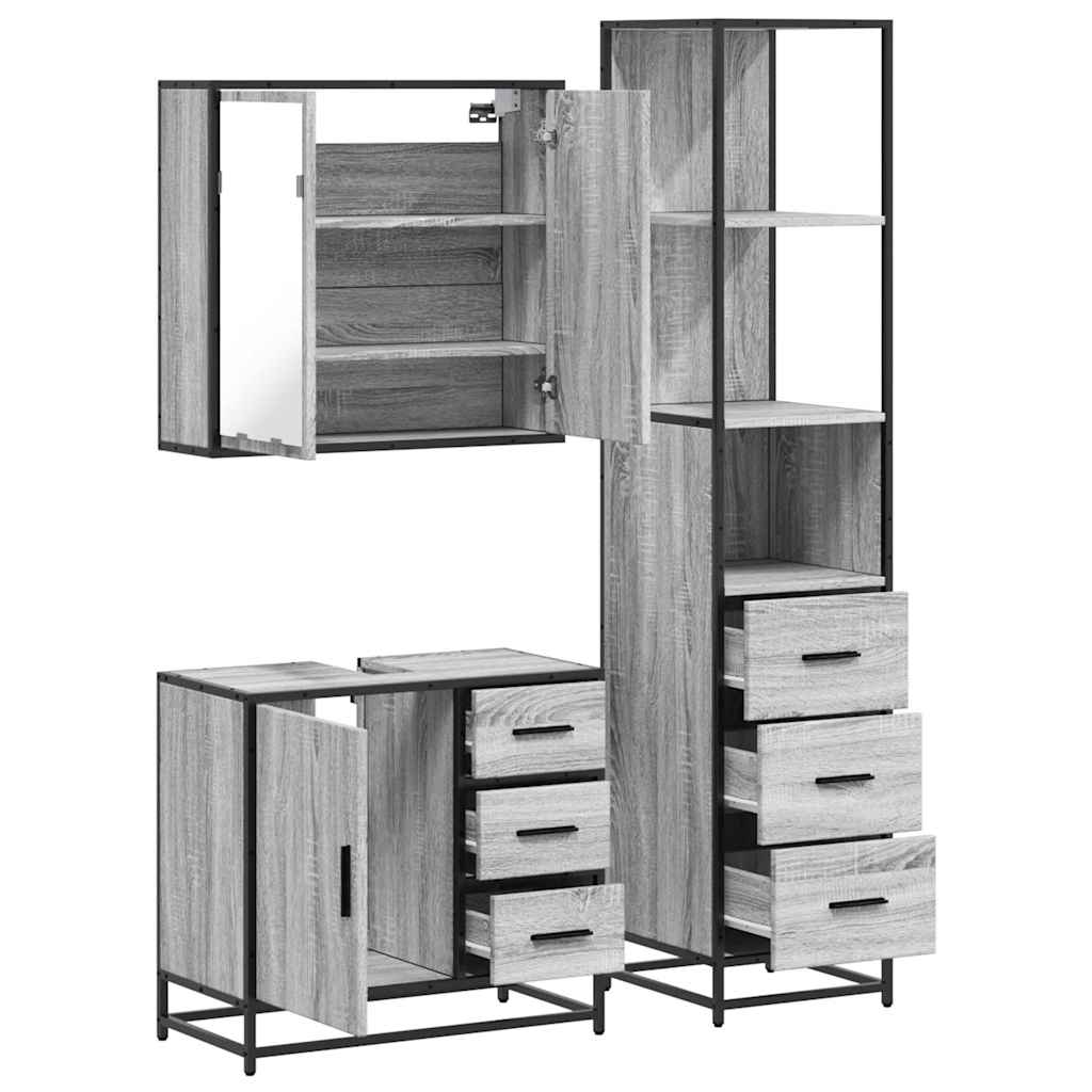 Set mobilier de baie, 3 piese, gri sonoma, lemn prelucrat