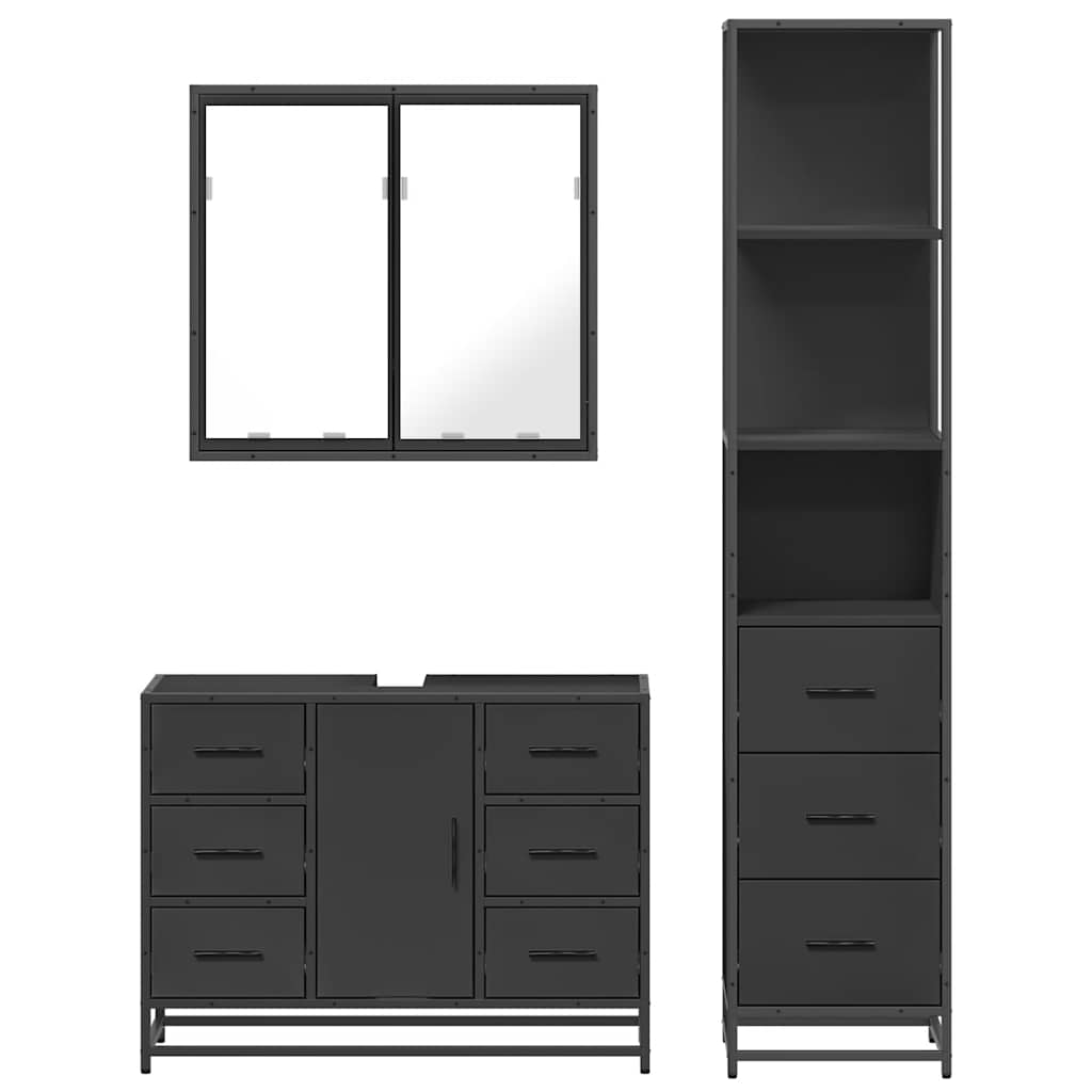 Set mobilier de baie, 3 piese, negru, lemn compozit