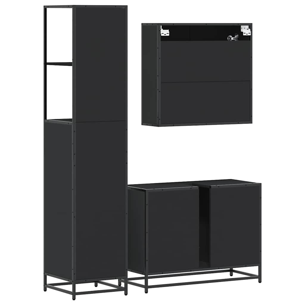 Set mobilier de baie, 3 piese, negru, lemn compozit