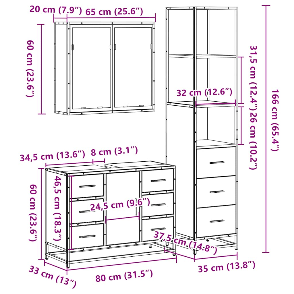 Set mobilier de baie, 3 piese, negru, lemn compozit